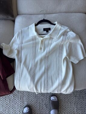 Truth Knit Polo in White with Beige Vertical Accents